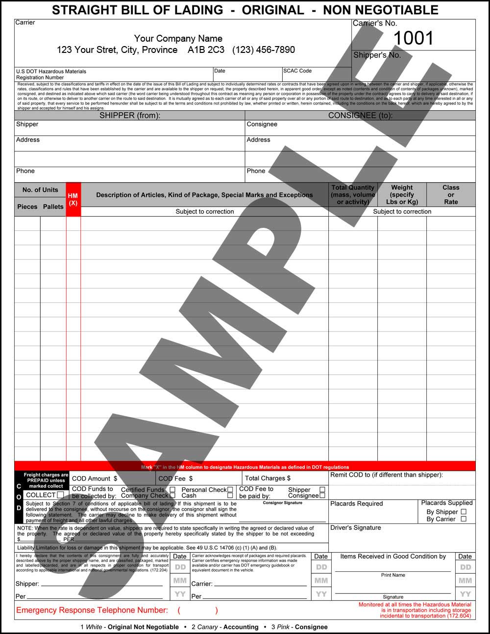 Straight Bill of Lading, 11" - 3 copy PERSONALIZED - Click Image to Close