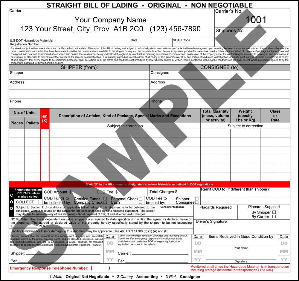 Straight Bill of Lading, 8.5" - 3 copy PERSONALIZED - Click Image to Close