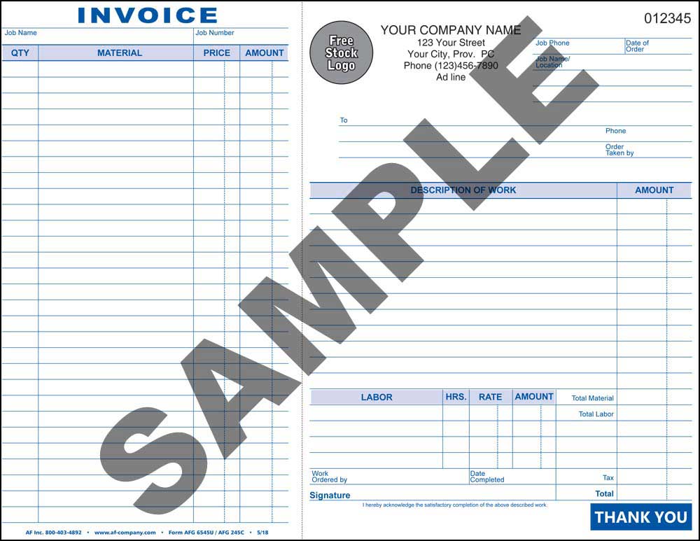 Work Order / Invoice, 3 Copy - PERSONALIZED - Click Image to Close