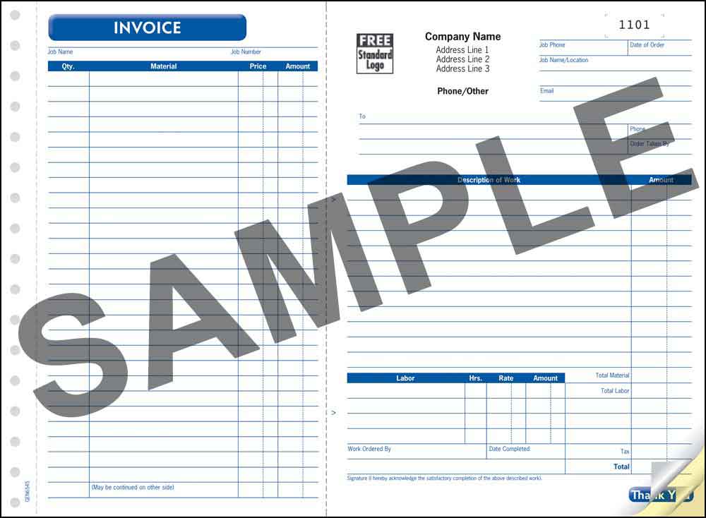 Work Order / Invoice, 2 Copy - PERSONALIZED - Click Image to Close
