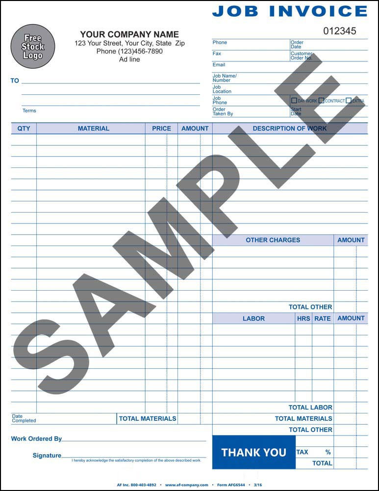 Job Invoice, 2 Copy - LARGE 8.5"x11" - Click Image to Close