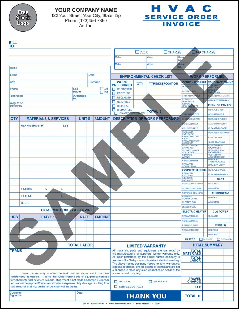 HVAC Service Order / Invoice - PERSONALIZED - Click Image to Close