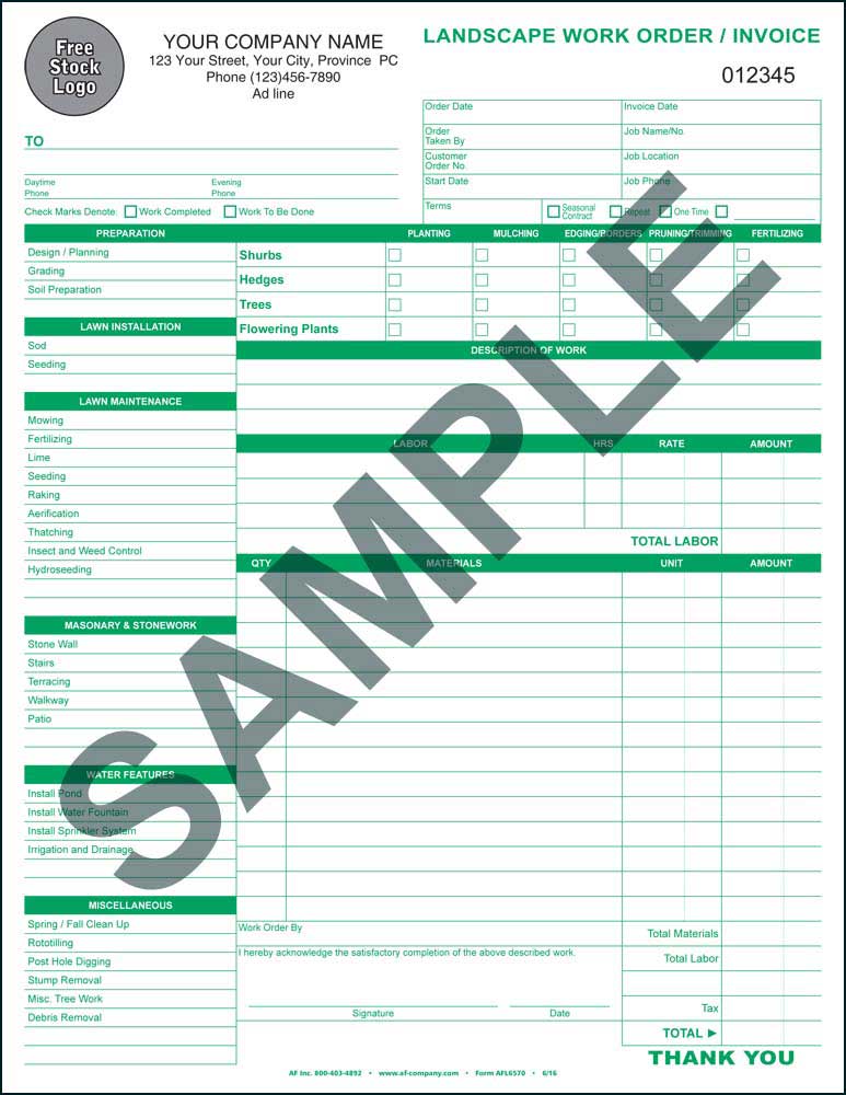 Landscaping Work Order / Invoice - PERSONALIZED - Click Image to Close
