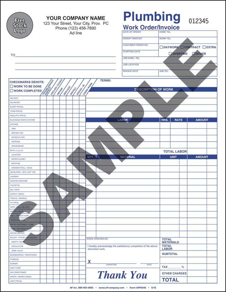 Plumbing Work Order / Invoice - PERSONALIZED - Click Image to Close